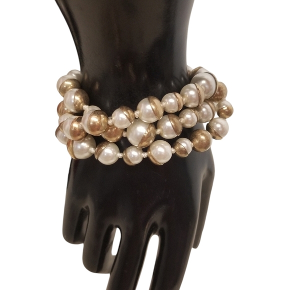 PLUNDER GOLDTONE & FAUX PEARL LAYERED STATEMENT NECKLACE & BRACELET SET - Picture 3 of 9
